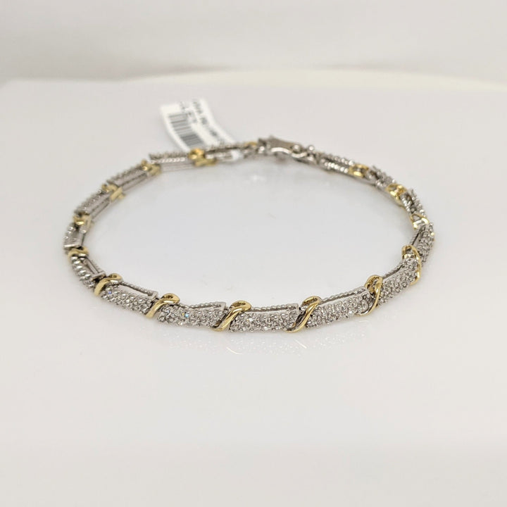 14K TWO- TONE .98 CARAT TOTAL WEIGHT I2-I1 H DIAMOND ROUND (198) ESTATE LINK BRACELET 9.2 GRAMS