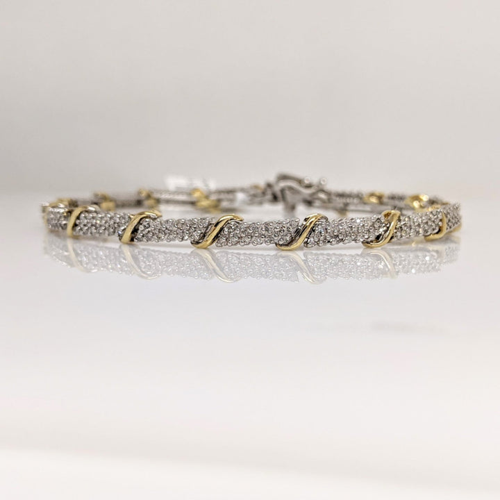14K TWO- TONE .98 CARAT TOTAL WEIGHT I2-I1 H DIAMOND ROUND (198) ESTATE LINK BRACELET 9.2 GRAMS