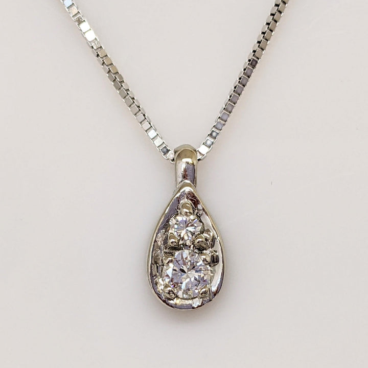 14K WHITE .26 CARAT TOTAL WEIGHT SI2 H DIAMOND ROUND (2) PEAR SHAPED ESTATE PENDANT & CHAIN 3.4 GRAMS