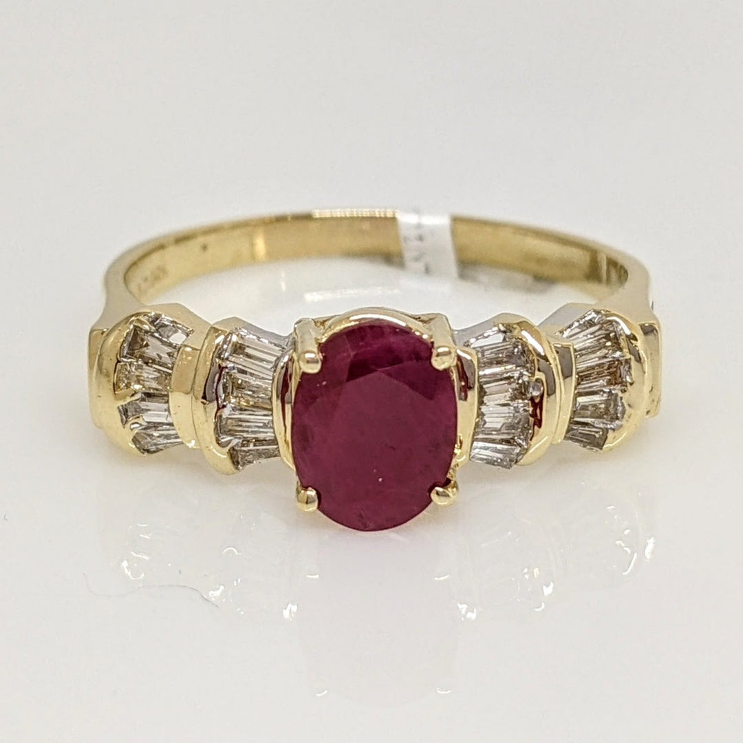 14K RUBY OVAL 6X8 "C" WITH .48 DIAMOND TOTAL WEIGHT BAGUETTE (16) ESTATE RING 4.2 GRAMS