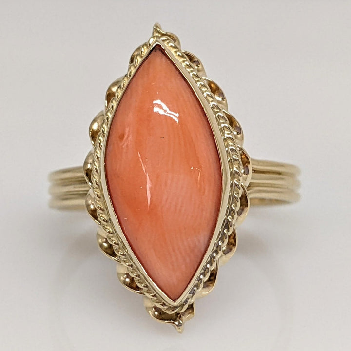 14K CORAL MARQUISE 7.5X18 WITH GOLD TRIM ESTATE RING 3.5 GRAMS