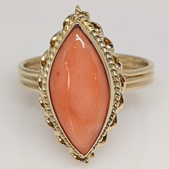 14K CORAL MARQUISE 7.5X18 WITH GOLD TRIM ESTATE RING 3.5 GRAMS