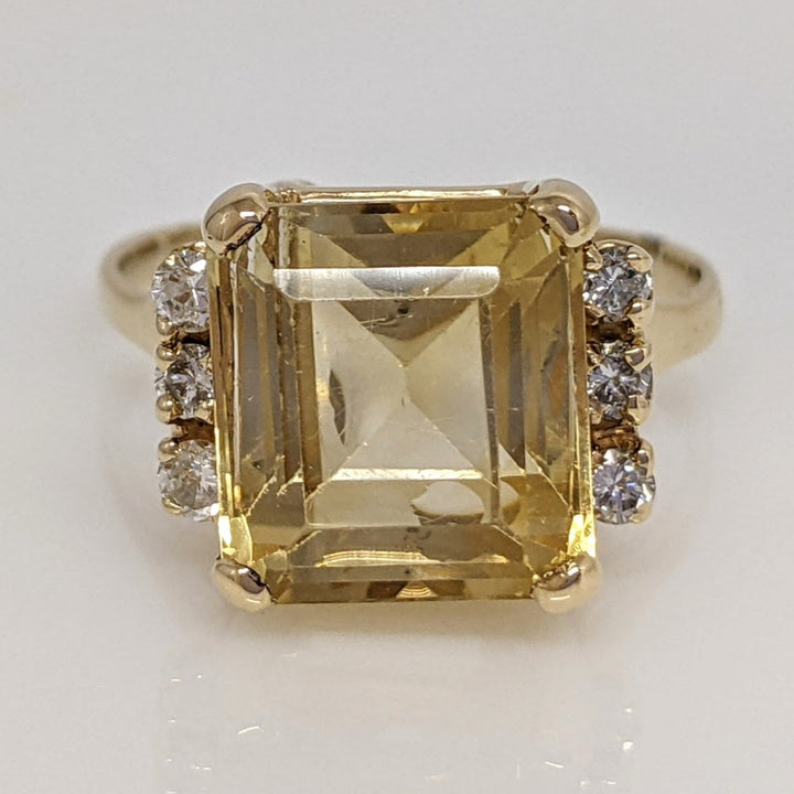 14K CITRINE EMERALD CUT 10X11 WITH .24 DIAMOND TOTAL WEIGHT ESTATE RING 5.9 GRAMS