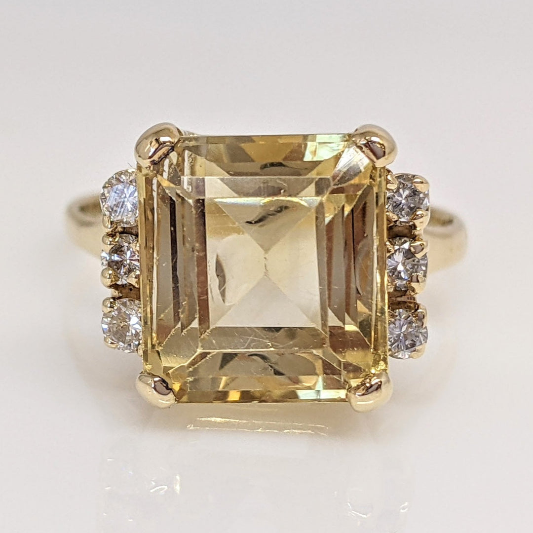 14K CITRINE EMERALD CUT 10X11 WITH .24 DIAMOND TOTAL WEIGHT ESTATE RING 5.9 GRAMS