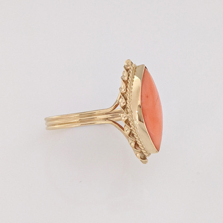 14K CORAL MARQUISE 7.5X18 WITH GOLD TRIM ESTATE RING 3.5 GRAMS