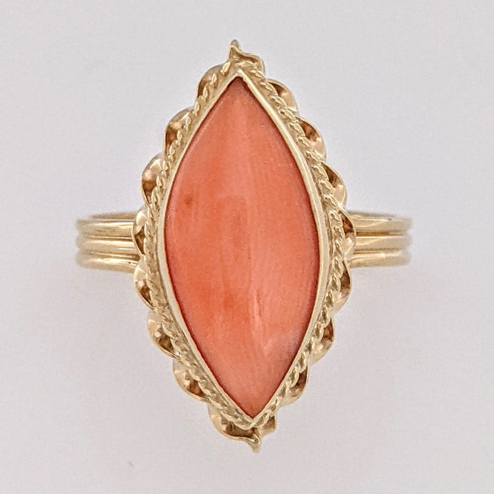14K CORAL MARQUISE 7.5X18 WITH GOLD TRIM ESTATE RING 3.5 GRAMS