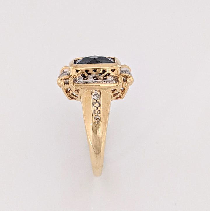 10K LAB-CREATED SAPPHIRE EMERALD CUT 6.5X8.5 WITH .16 DIAMOND TOTAL WEIGHT ESTATE RING 5.2 GRAMS