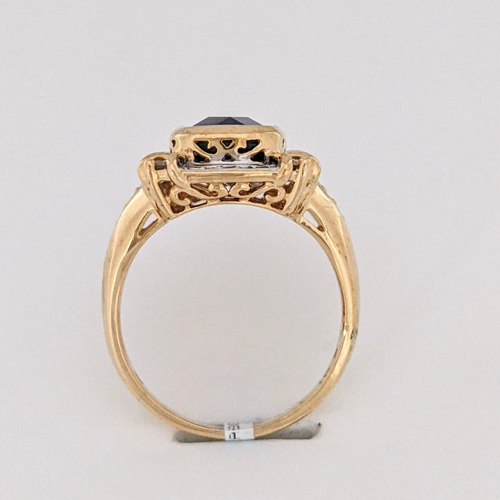 10K LAB-CREATED SAPPHIRE EMERALD CUT 6.5X8.5 WITH .16 DIAMOND TOTAL WEIGHT ESTATE RING 5.2 GRAMS