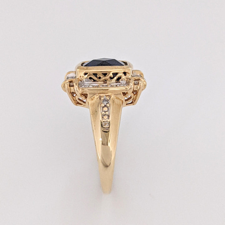 10K LAB-CREATED SAPPHIRE EMERALD CUT 6.5X8.5 WITH .16 DIAMOND TOTAL WEIGHT ESTATE RING 5.2 GRAMS