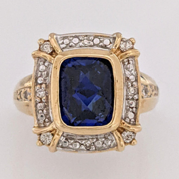 10K LAB-CREATED SAPPHIRE EMERALD CUT 6.5X8.5 WITH .16 DIAMOND TOTAL WEIGHT ESTATE RING 5.2 GRAMS