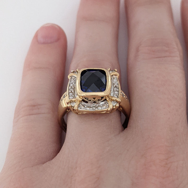 10K LAB-CREATED SAPPHIRE EMERALD CUT 6.5X8.5 WITH .16 DIAMOND TOTAL WEIGHT ESTATE RING 5.2 GRAMS