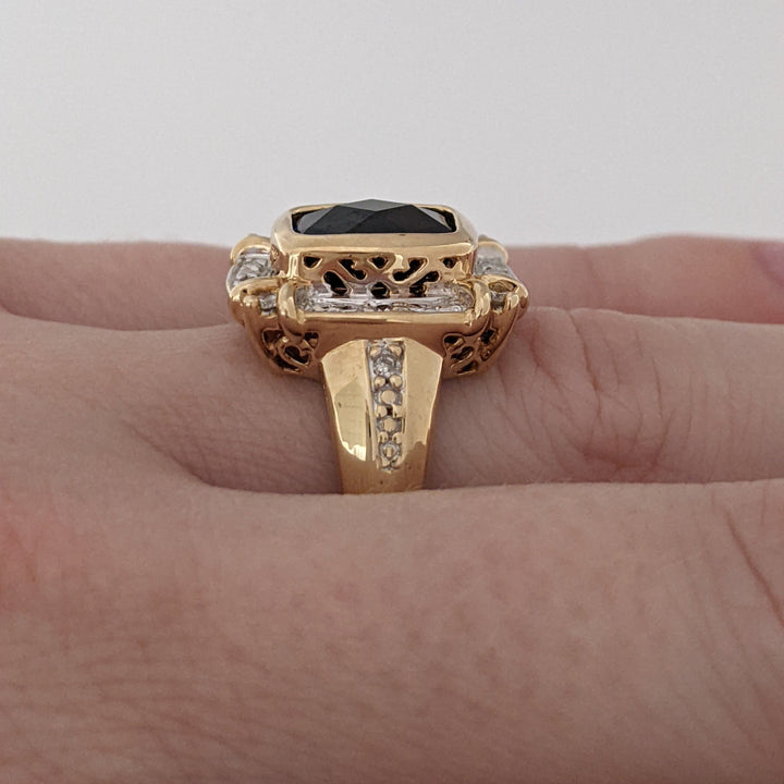 10K LAB-CREATED SAPPHIRE EMERALD CUT 6.5X8.5 WITH .16 DIAMOND TOTAL WEIGHT ESTATE RING 5.2 GRAMS