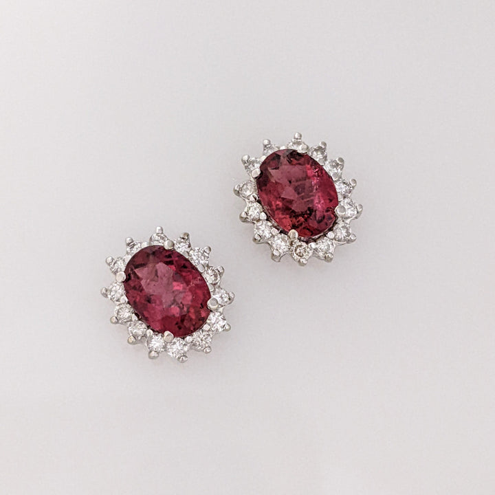 14K WHITE PINK TOURMALINE OVAL 6X8 WITH .56 DIAMOND TOTAL WEIGHT (28) ESTATE HALO EARRINGS 2.8 GRAMS