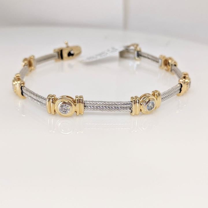 14K TWO-TONE 1.05 CARAT TOTAL WEIGHT SI2 H DIAMOND ROUND (7) BEZEL SET ESTATE BRACELET 20.7 GRAMS