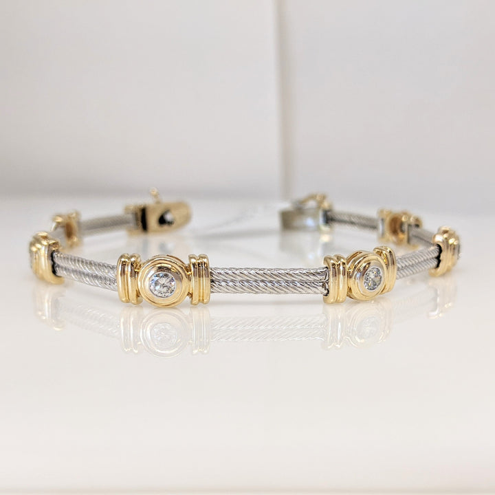 14K TWO-TONE 1.05 CARAT TOTAL WEIGHT SI2 H DIAMOND ROUND (7) BEZEL SET ESTATE BRACELET 20.7 GRAMS