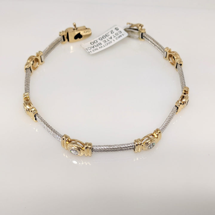 14K TWO-TONE 1.05 CARAT TOTAL WEIGHT SI2 H DIAMOND ROUND (7) BEZEL SET ESTATE BRACELET 20.7 GRAMS