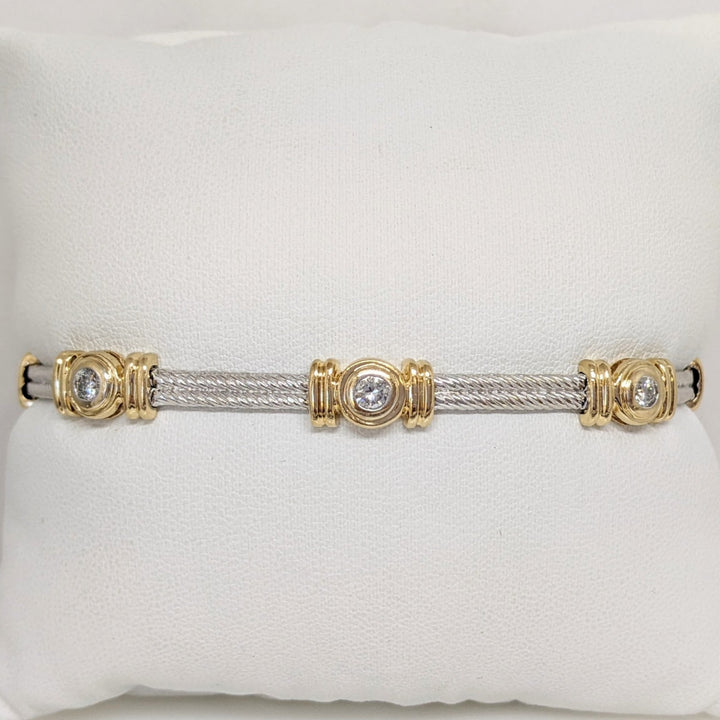 14K TWO-TONE 1.05 CARAT TOTAL WEIGHT SI2 H DIAMOND ROUND (7) BEZEL SET ESTATE BRACELET 20.7 GRAMS