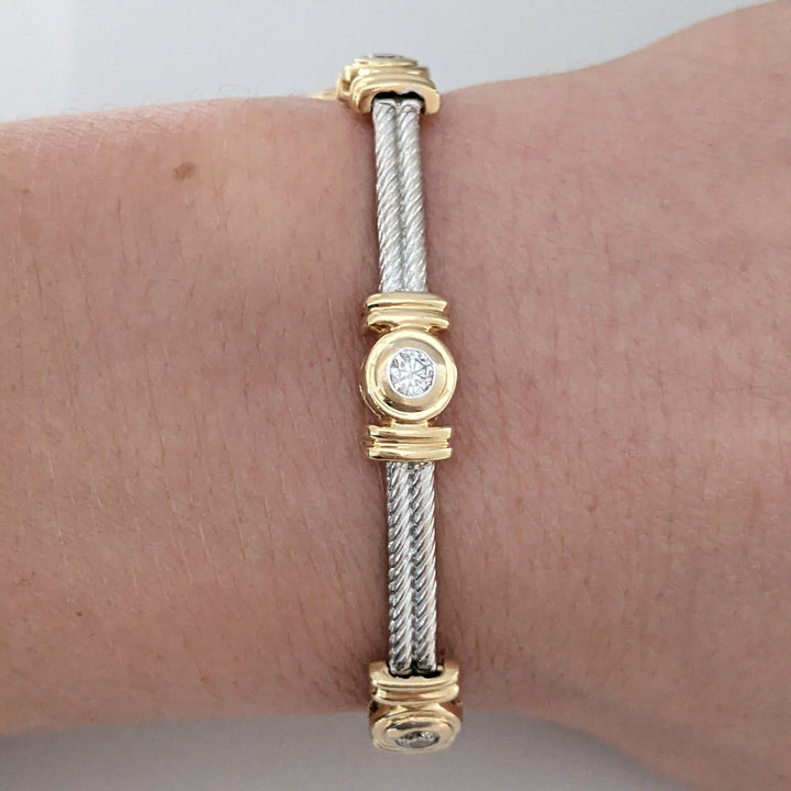 14K TWO-TONE 1.05 CARAT TOTAL WEIGHT SI2 H DIAMOND ROUND (7) BEZEL SET ESTATE BRACELET 20.7 GRAMS
