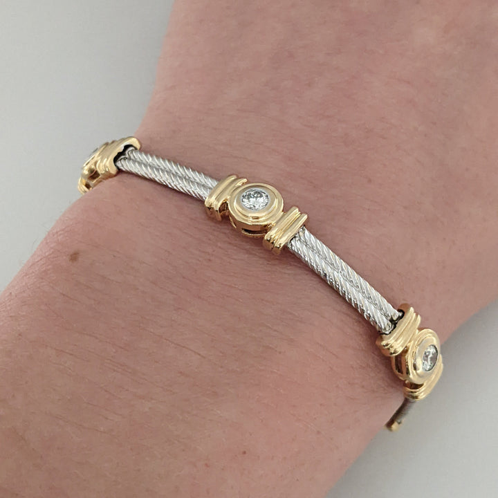 14K TWO-TONE 1.05 CARAT TOTAL WEIGHT SI2 H DIAMOND ROUND (7) BEZEL SET ESTATE BRACELET 20.7 GRAMS