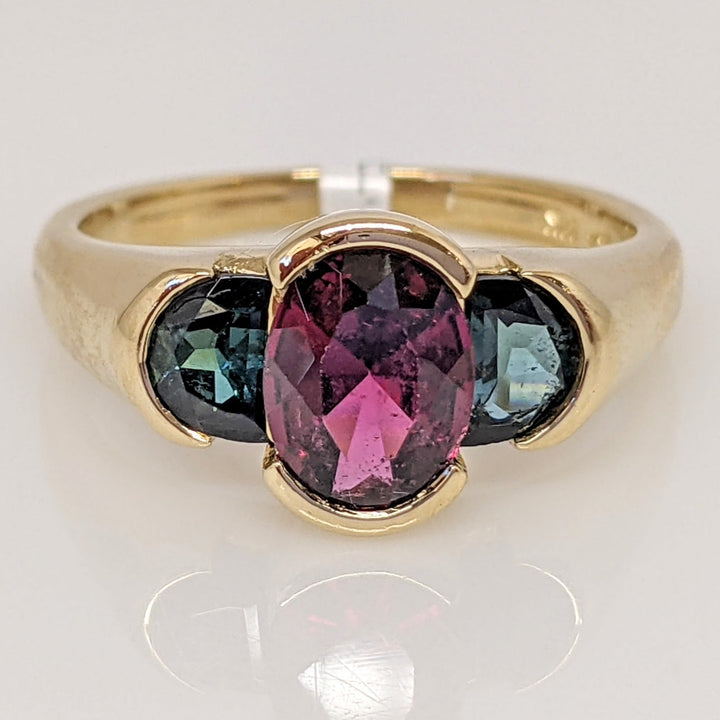 14K PINK TOURMALINE OVAL 6X8 WITH (2) HALF MOON BLUE TOURMALINE ESTATE RING 4.4 GRAMS