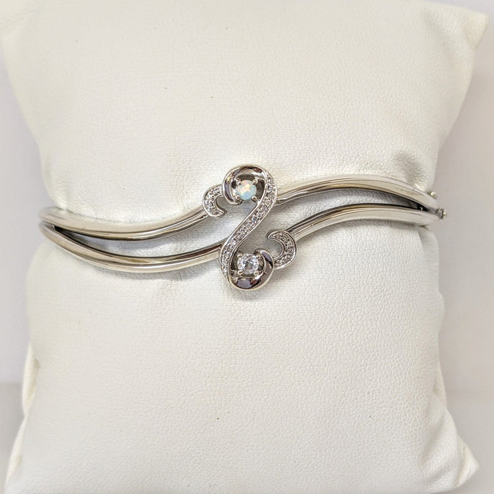 STERLING SILVER "JANE SEYMOUR OPEN HEART" CLEAR STONE/ OPAL ESTATE BANGLE 21.9 GRAMS