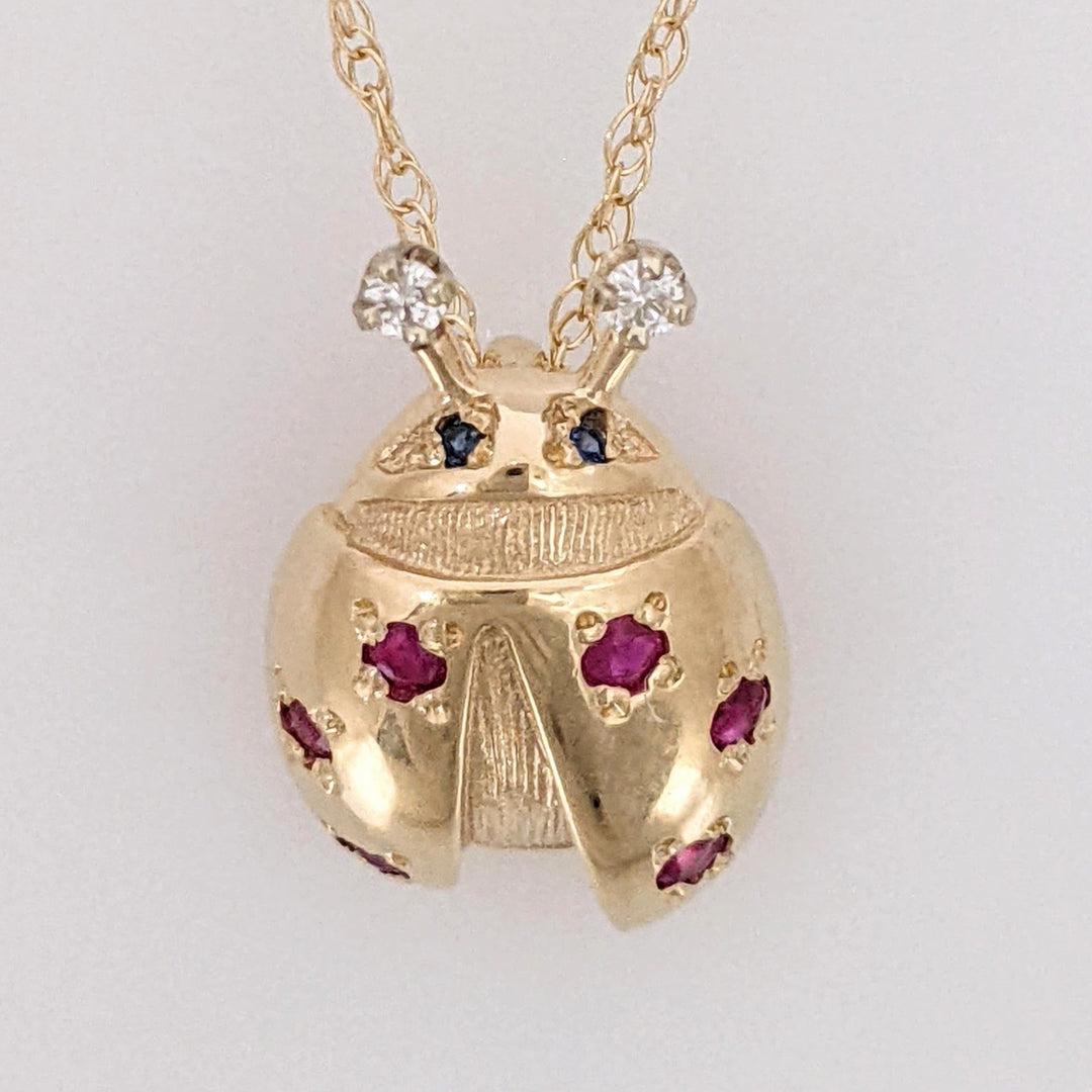 14K LADYBUG WITH (6) ROUND RUBY AND (2) MELEE ESTATE PENDANT & CHAIN 3.3 GRAMS