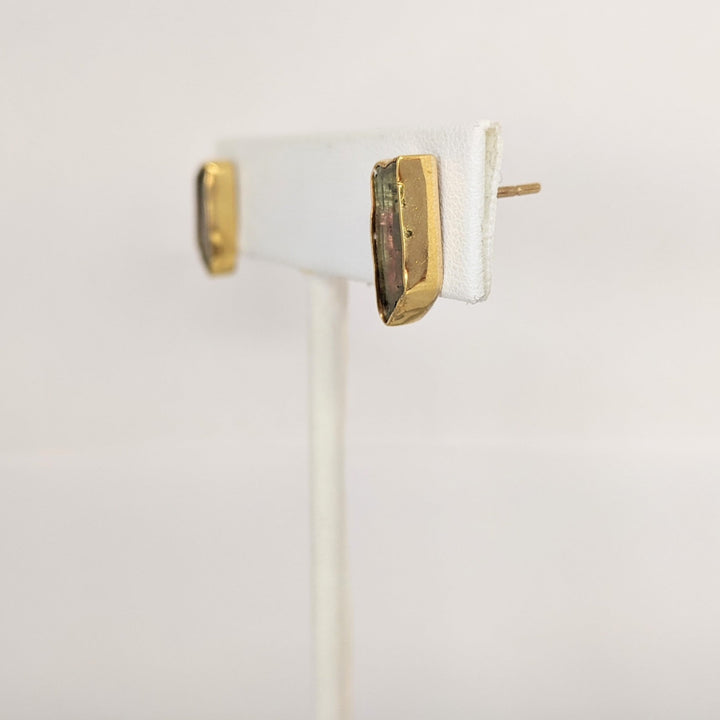 22K WATERMELON TOURMALINE 5X13 WITH 14K POSTS ESTATE EARRINGS 3.3 GRAMS