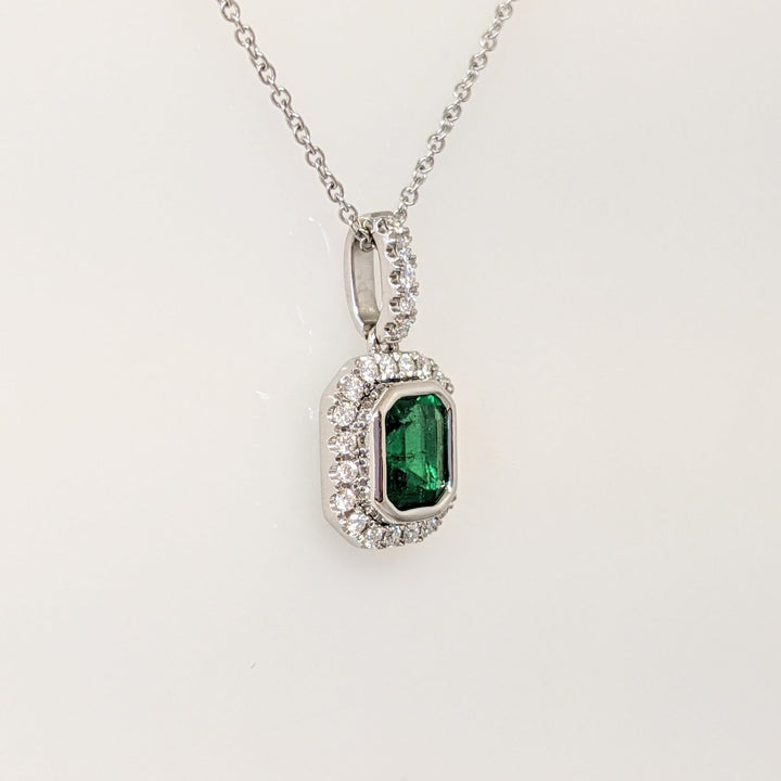14K WHITE EMERALD .91 CARAT TOTAL EMERALD CUT BEZEL WITH .18 DIAMOND TOTAL WEIGHT ESTATE PENDANT & CHAIN 2.8 GRAMS