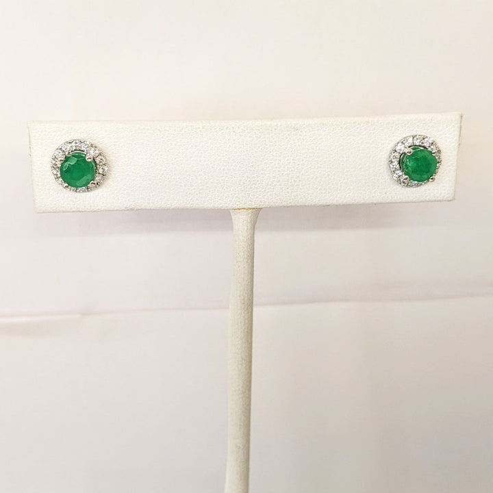 14K WHITE EMERALD ROUND 1.00 CARAT TOTAL WEIGHT WITH .34 DIAMOND TOTAL WEIGHT HALO ESTATE EARRINGS