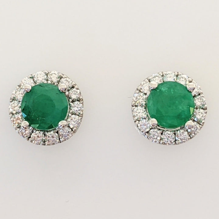 14K WHITE EMERALD ROUND 1.00 CARAT TOTAL WEIGHT WITH .34 DIAMOND TOTAL WEIGHT HALO ESTATE EARRINGS