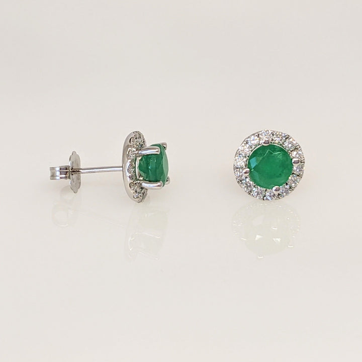 14K WHITE EMERALD ROUND 1.00 CARAT TOTAL WEIGHT WITH .34 DIAMOND TOTAL WEIGHT HALO ESTATE EARRINGS