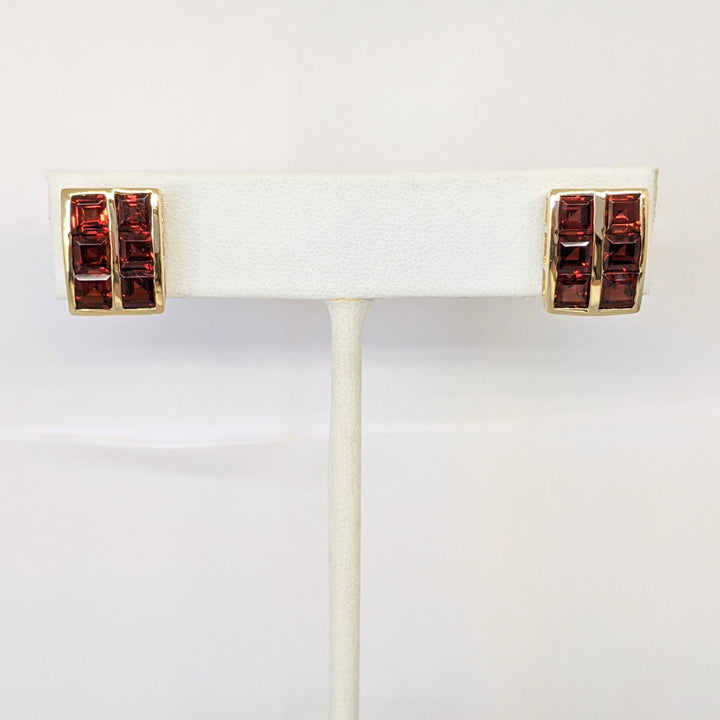 14K GARNET PRINCESS CUT (12) 4MM 2-ROW ESTATE EARRINGS 4.5 GRAMS