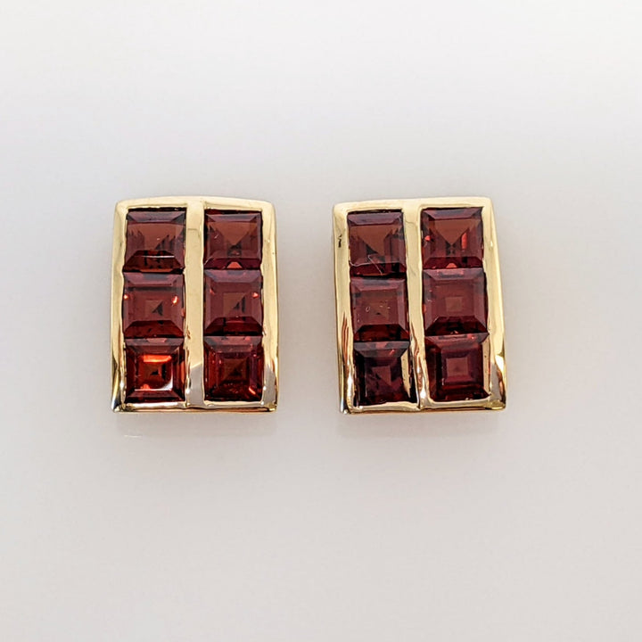 14K GARNET PRINCESS CUT (12) 4MM 2-ROW ESTATE EARRINGS 4.5 GRAMS