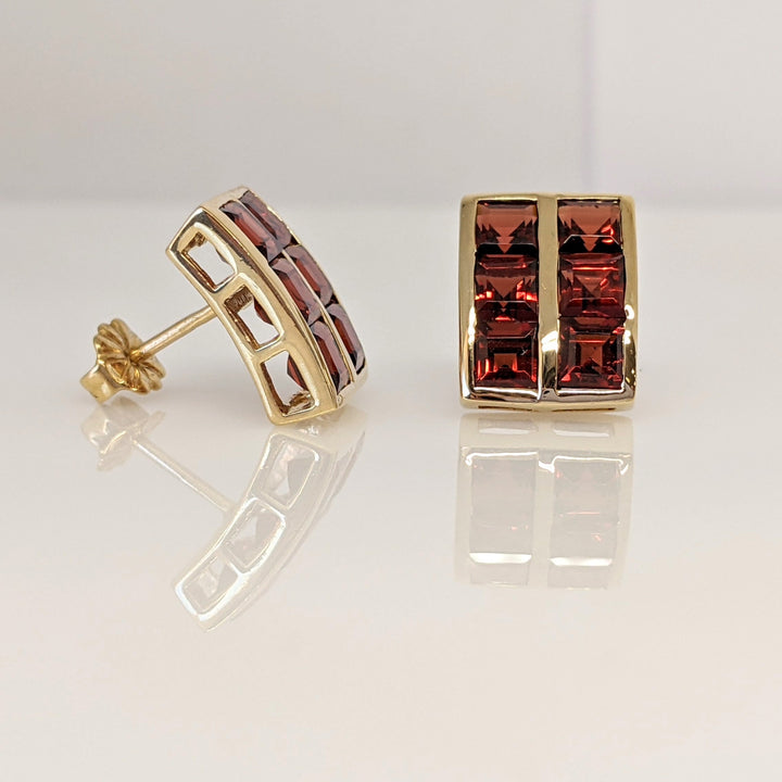 14K GARNET PRINCESS CUT (12) 4MM 2-ROW ESTATE EARRINGS 4.5 GRAMS