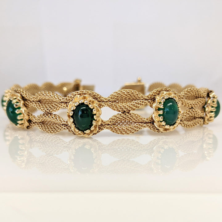 14K JADE OVAL 980 6X8 MESH 2-ROW ESTATE BRACLET 28.6 GRAMS
