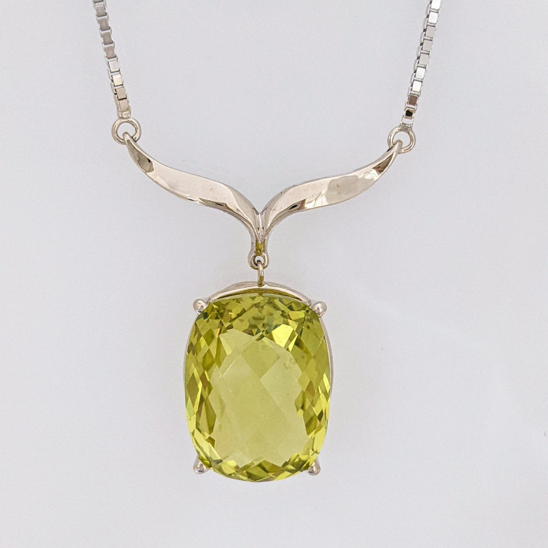 14K WHITE QUARTZ CUSHION CUT 15X20 ESTATE V- NECKLACE 14.4 GRAMS