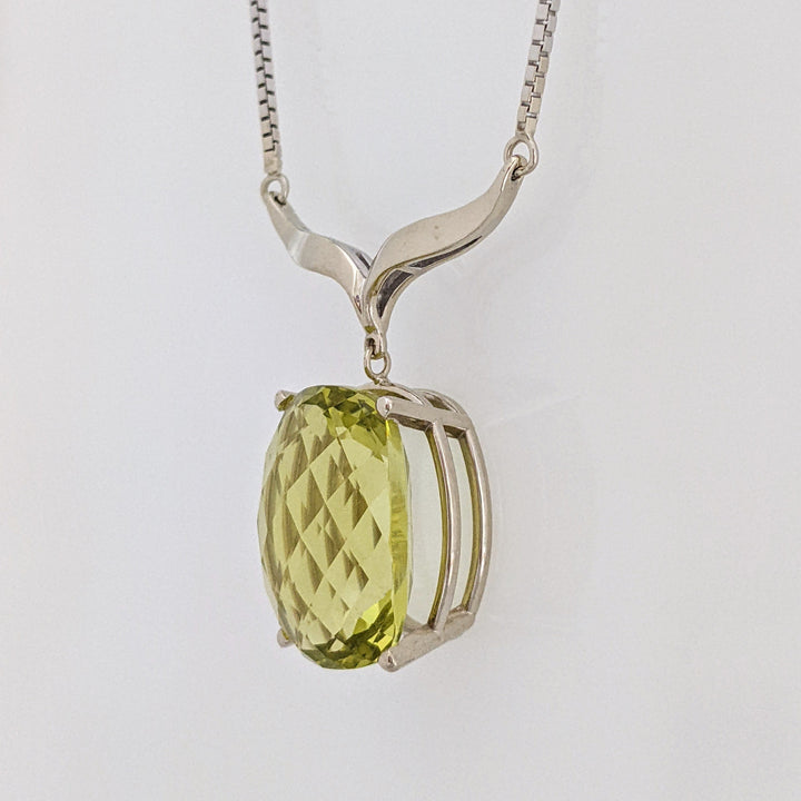 14K WHITE QUARTZ CUSHION CUT 15X20 ESTATE V- NECKLACE 14.4 GRAMS