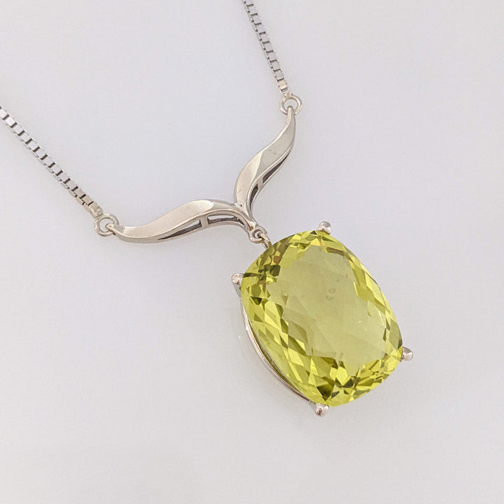 14K WHITE QUARTZ CUSHION CUT 15X20 ESTATE V- NECKLACE 14.4 GRAMS