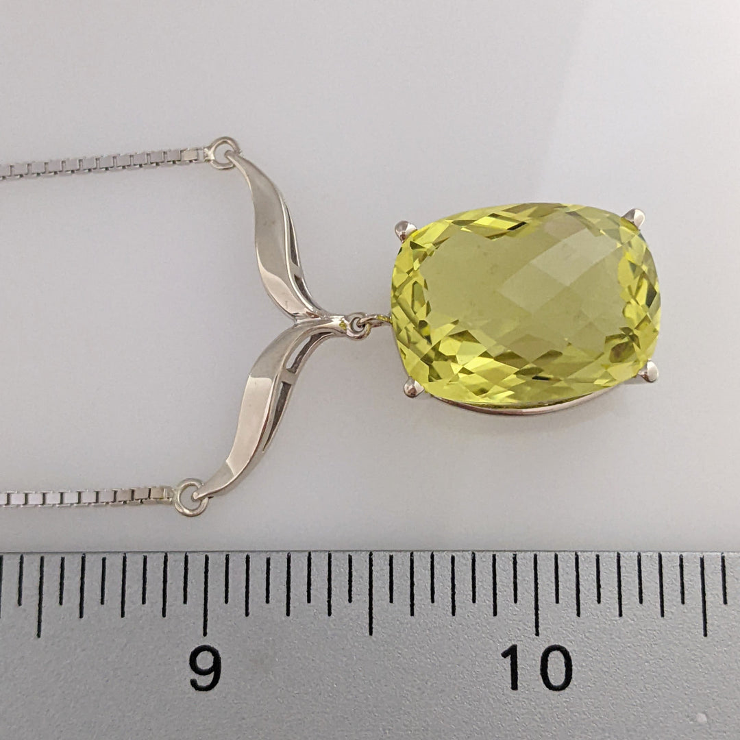 14K WHITE QUARTZ CUSHION CUT 15X20 ESTATE V- NECKLACE 14.4 GRAMS