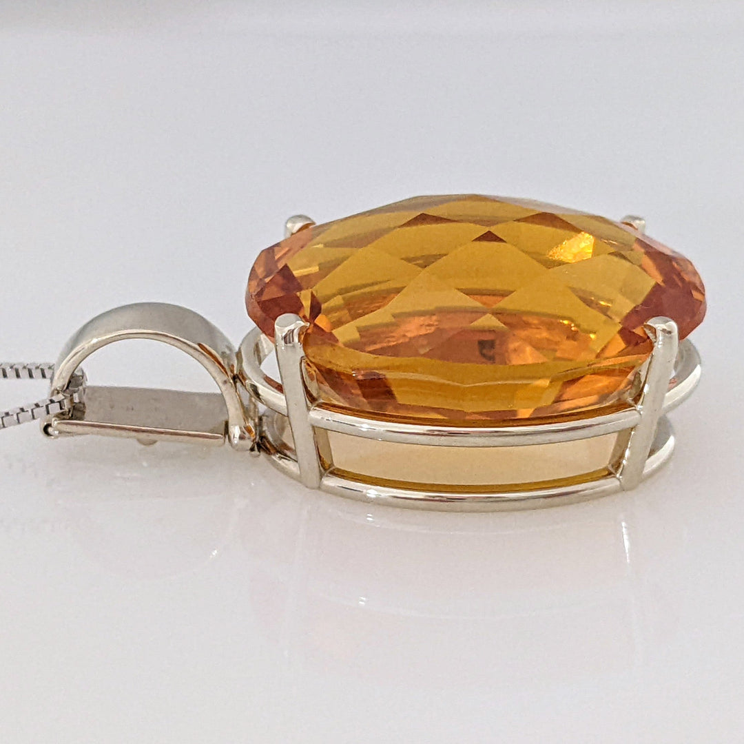14K WHITE CITRINE OVAL 20X25 "AAA" CHECKERBOARD ESTATE PENDANT 7 CHAIN 14.9 GRAMS