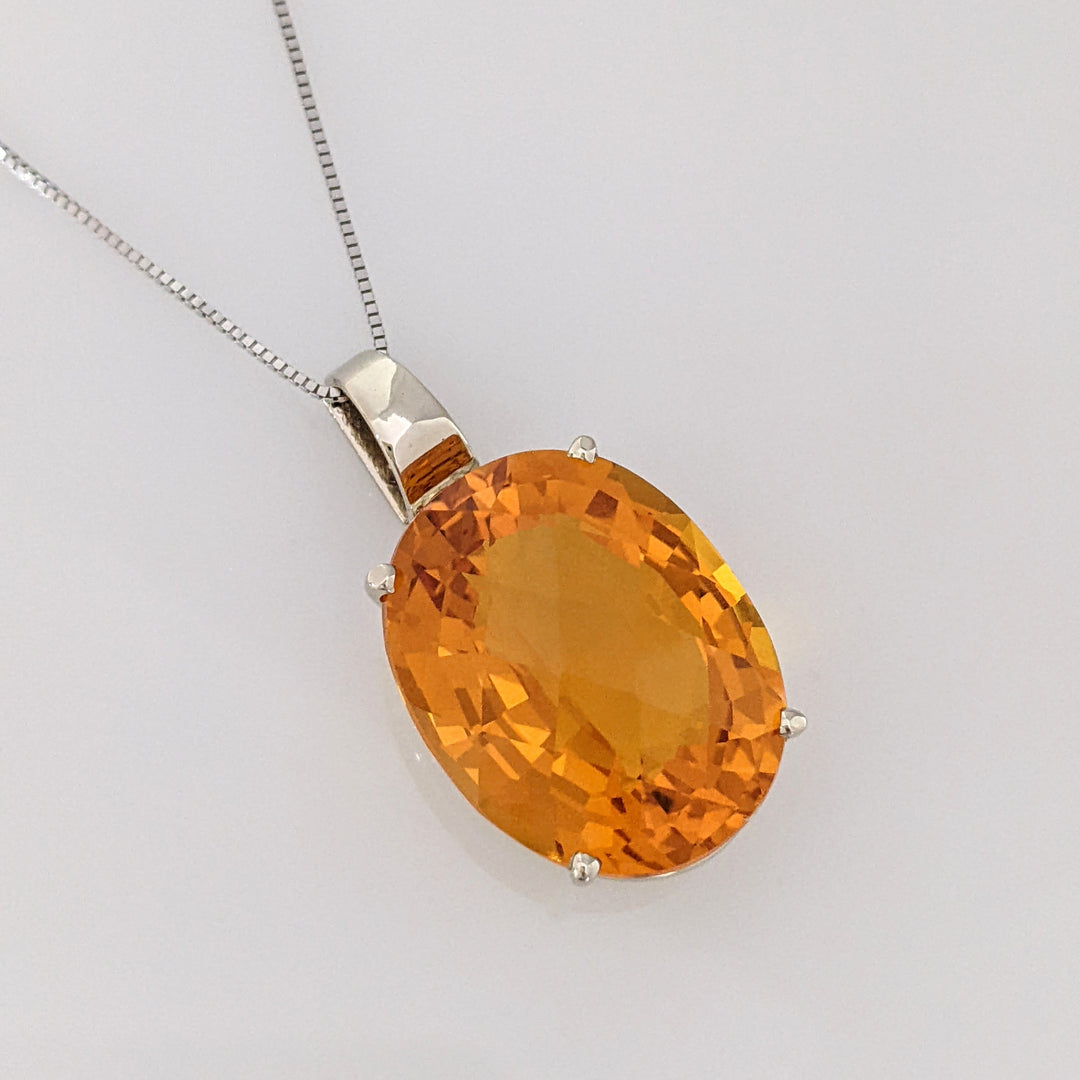 14K WHITE CITRINE OVAL 20X25 "AAA" CHECKERBOARD ESTATE PENDANT 7 CHAIN 14.9 GRAMS
