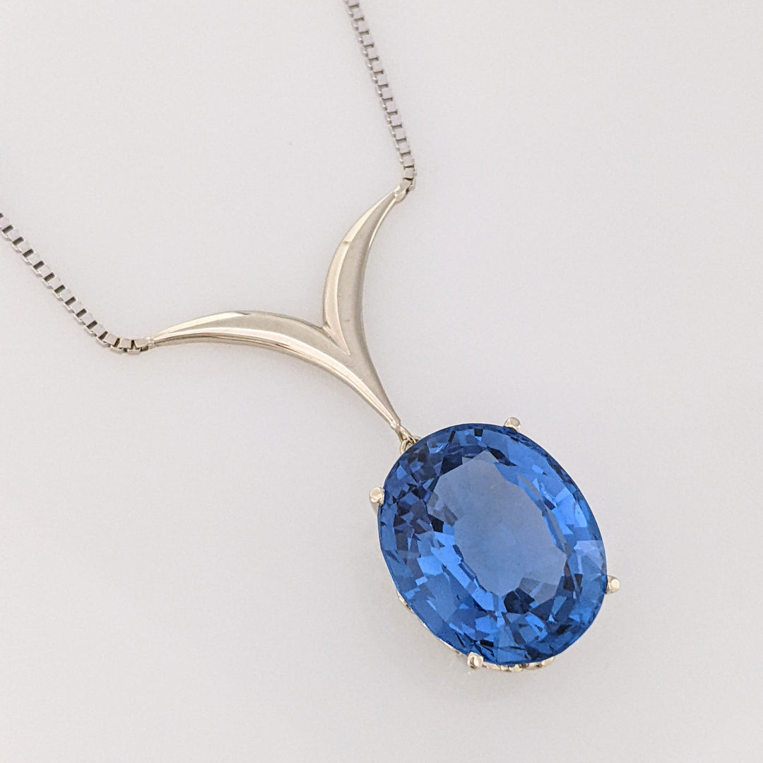 14K WHITE LONDON BLUE TOPAZ OVAL 18X20 "AAA" ESTATE V-NECKLACE 16.3 GRAMS
