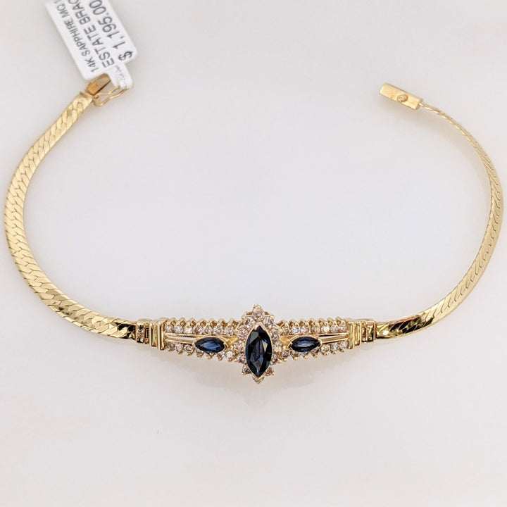 14K SAPPHRE MARQUISE (1) 4.5X9 (2) 2.5X5 WITH .89 DIAMOND TOTAL WEIGHT ESTATE BRACELET 7.0 GRAMS