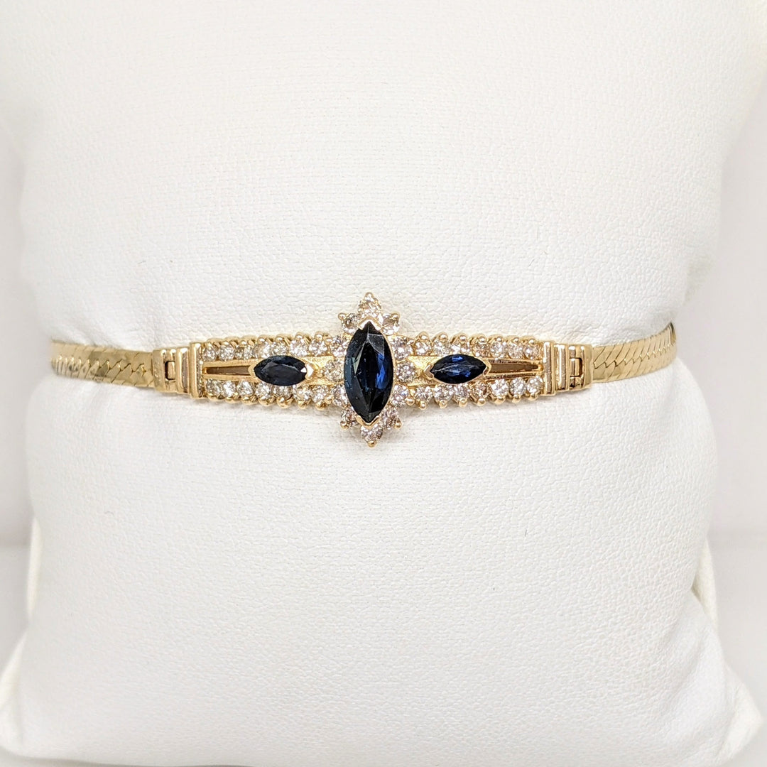 14K SAPPHRE MARQUISE (1) 4.5X9 (2) 2.5X5 WITH .89 DIAMOND TOTAL WEIGHT ESTATE BRACELET 7.0 GRAMS