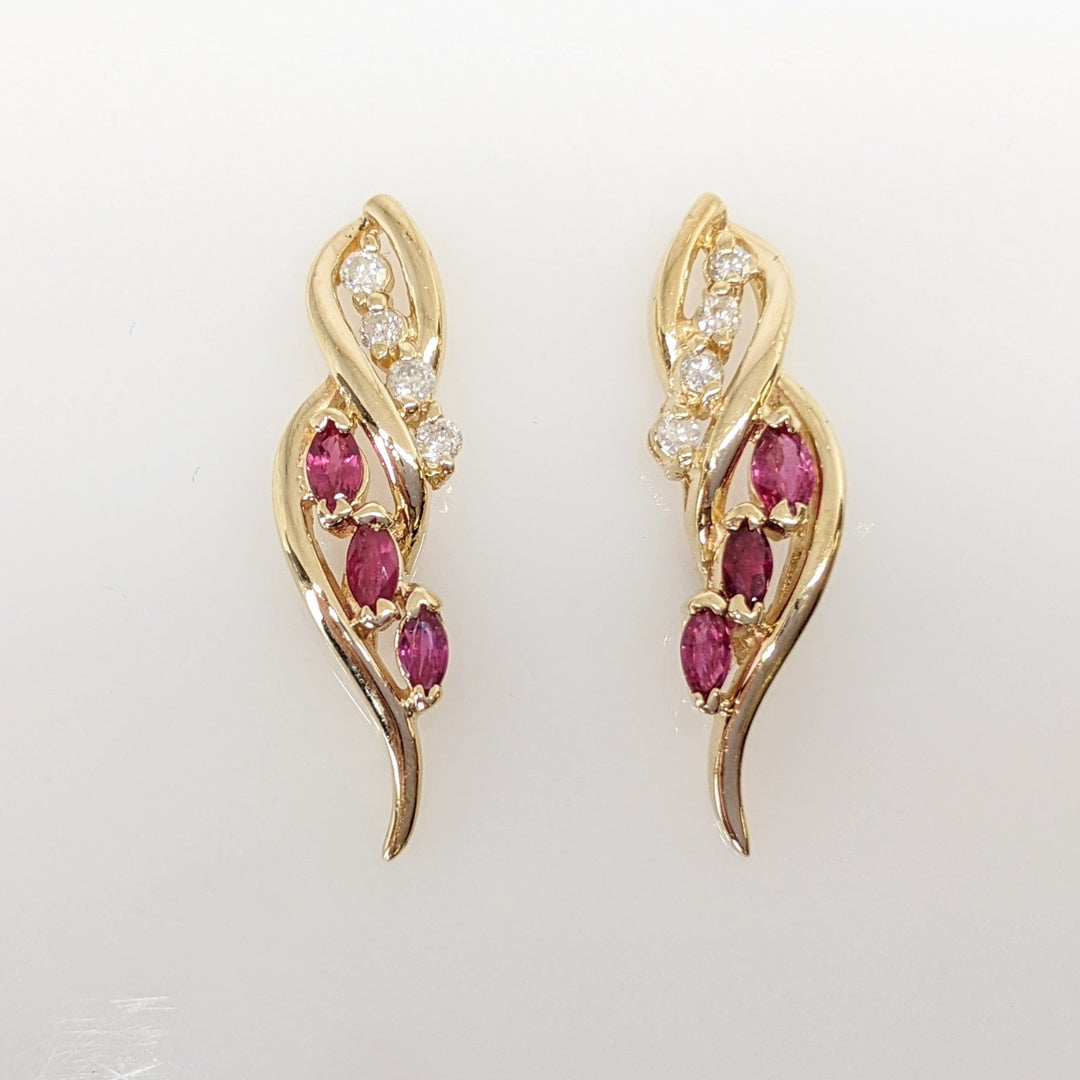 14K RUBY MARQUISE (6) 2X4 WITH (8) MELEE ESTATE EARRINGS 3.2 GRAMS