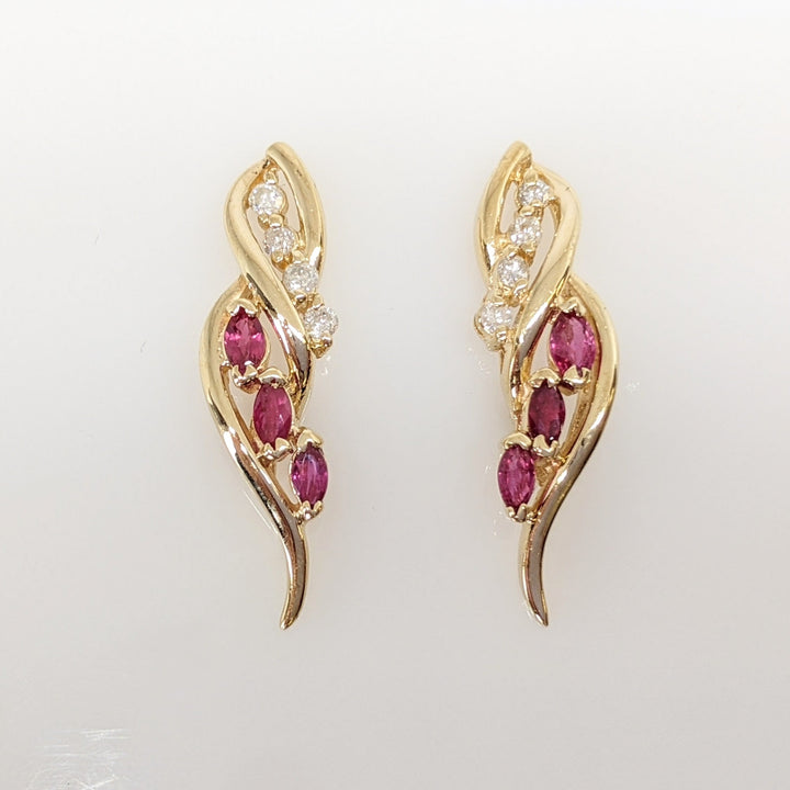 14K RUBY MARQUISE (6) 2X4 WITH (8) MELEE ESTATE EARRINGS 3.2 GRAMS