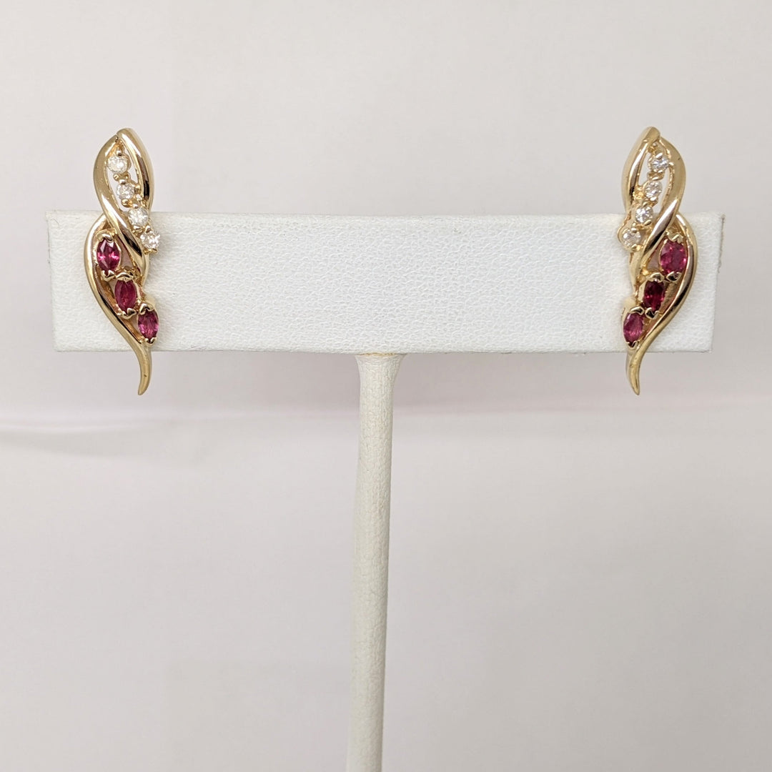 14K RUBY MARQUISE (6) 2X4 WITH (8) MELEE ESTATE EARRINGS 3.2 GRAMS