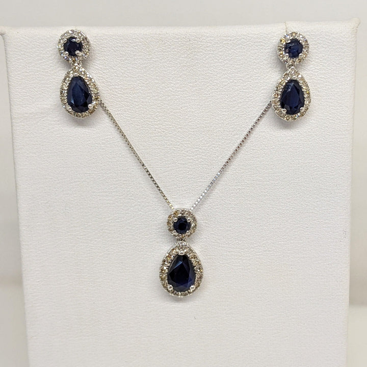 10K WHITE SAPPHIRE PEAR (3) ROUND (3) HALO ESTATE PENDANT & EARRING SET 3.4 GRAMS