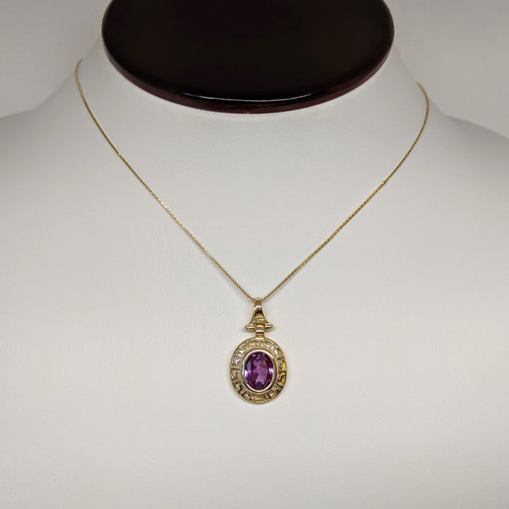 14K LAB-CREATED PURPLE SAPPHIRE OVAL 7X9 ESTATE PENDANT & CHAIN 4.0 GRAMS
