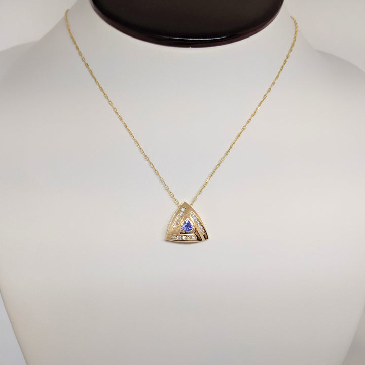 14K TANZANITE TRILLION 4.5MM WITH .30 DIAMOND TOTAL WEIGHT (15) ROUND ESTATE PENDANT & CHAIN